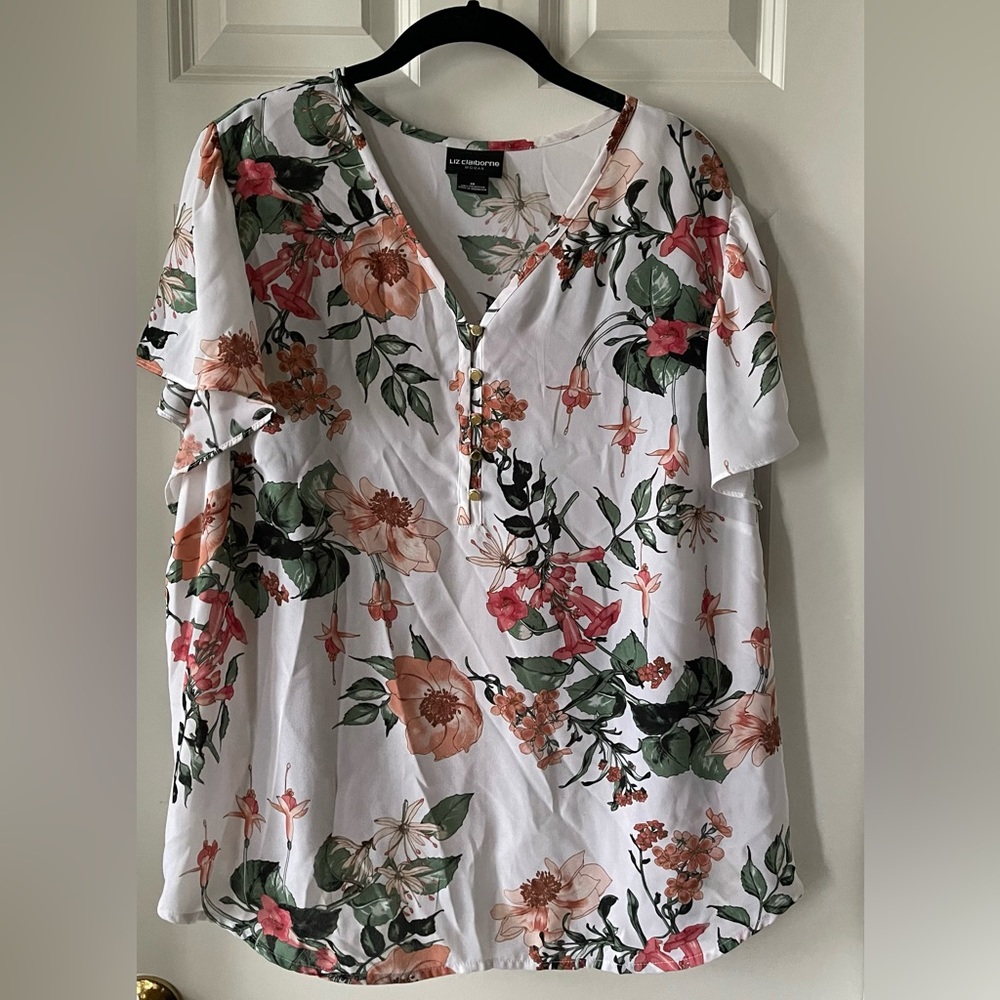 Liz Claiborne White Floral Short Sleeve Blouse